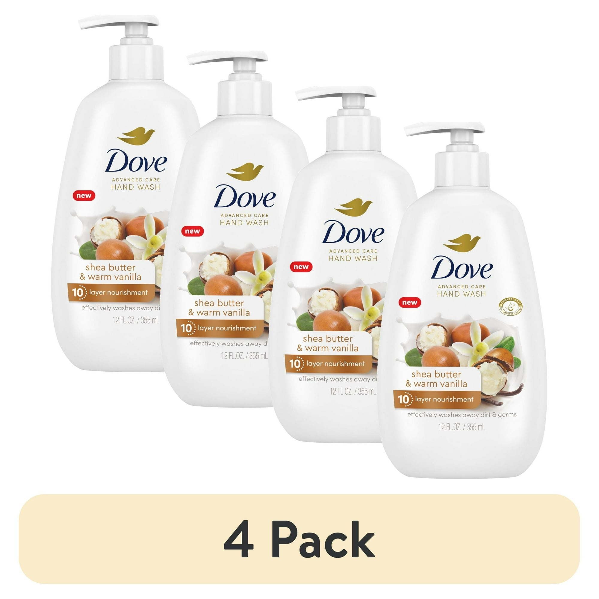 (4 pack) D ove Advanced Care Women's Hand Soap All Skin Shea Butter & Warm Vanilla, 12 oz